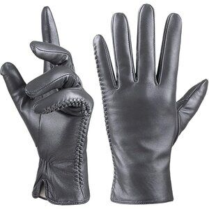 Women's Genuine Sheepskin Leather Gloves Winter Warm  Driving Dress Gloves Grey